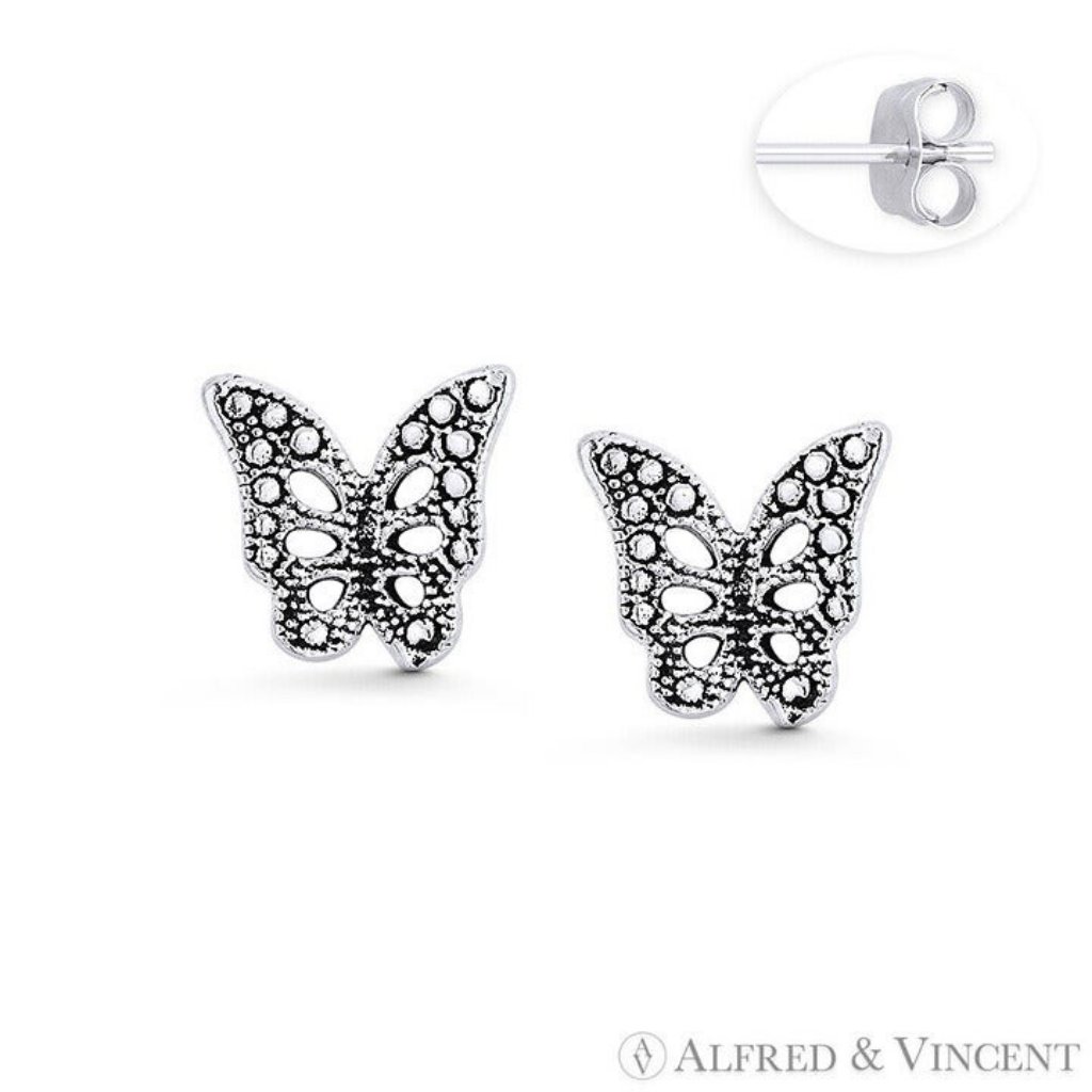Butterfly Insect Animal Charm Stud Earrings In Oxidized 925 Sterling Silver 24$